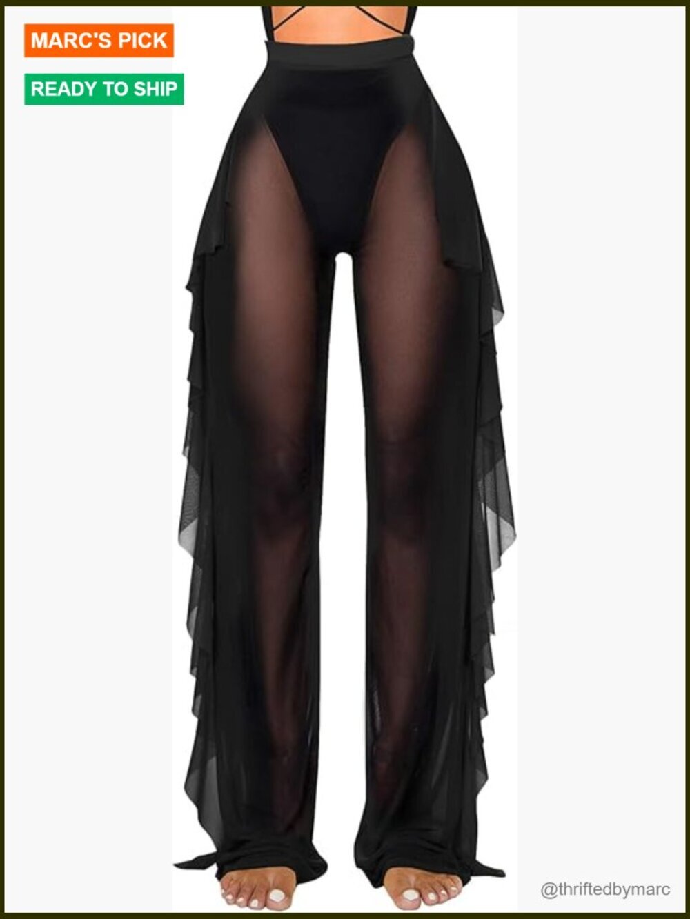 Sheer Mesh Ruffle Swim Cover Up Pants High Waist See Through